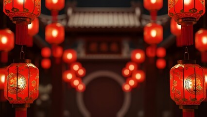 Red Chinese lanterns illuminate a traditional temple entrance at night, creating a festive atmosphere with glowing details.