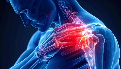 Digital illustration of a semi-transparent human figure touching an inflamed shoulder, with red highlights on the joint.