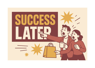 Bold Success Banner. Success later banner, flat vector illustration, bold oversized text inside rectangular frame, cartoon characters shouting and pointing
