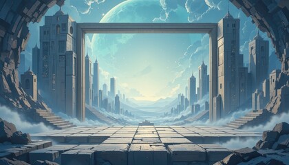 Futuristic cityscape with ancient ruins and moonlit sky