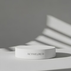Minimalist White Cylindrical Pedestal with Striped Shadows for Product Display
