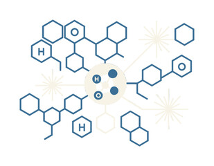 Molecular Chain Reactions. Molecular structure. Hexagon patterns expanding from a central substance icon; light pulses showing chain reactions. Letters like
