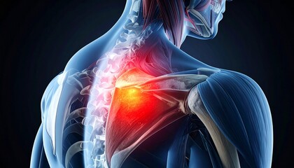 Digital illustration of a semi-transparent human figure touching an inflamed shoulder, with red highlights on the joint.