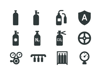 Industrial Gas Icons. Industrial gases. Solid icon set of Industrial gases: industrial cylinder, acetylene tank, welding gas icon, argon shield, compressed air