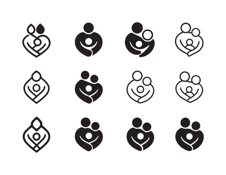Family Embrace Icons. The act of caring and nurturing loved ones. Icon set. Set Logo of the act of caring and nurturing loved ones: family embrace symbol.
