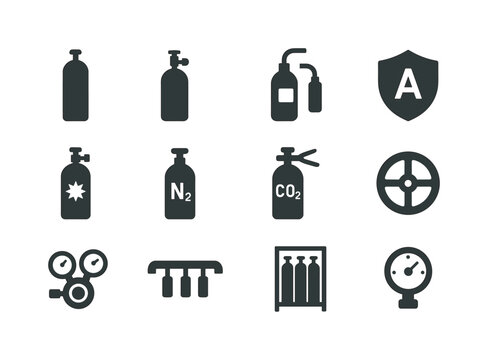 Industrial Gas Icons. Industrial gases. Solid icon set of Industrial gases: industrial cylinder, acetylene tank, welding gas icon, argon shield, compressed air