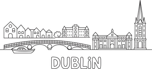Obraz premium Dublin city skyline line art illustration with ha penny bridge and christ church cathedral spire