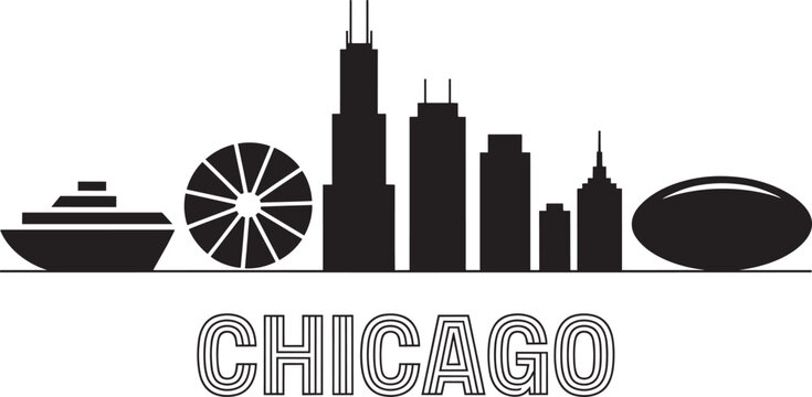 Chicago city silhouette vector icon with willis tower navy pier and cloud gate bean sculpture