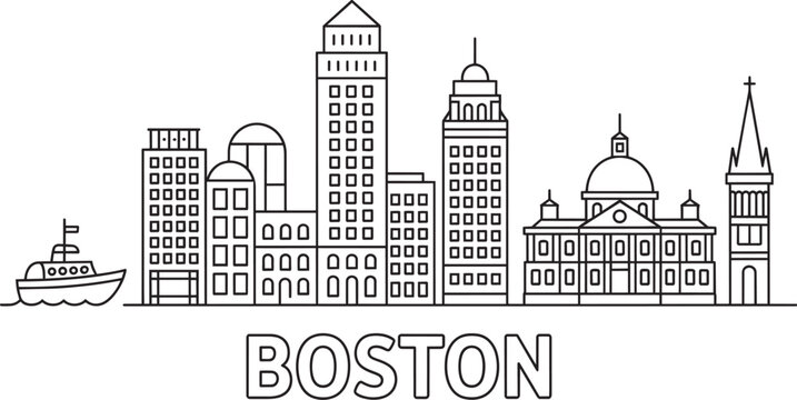boston city skyline line art outline with ship and text for travel posters