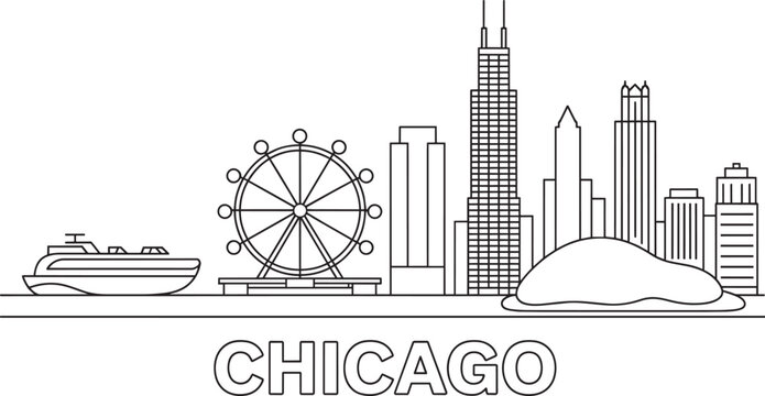 Chicago city skyline line art illustration with navy pier ferris wheel and cloud gate sculpture