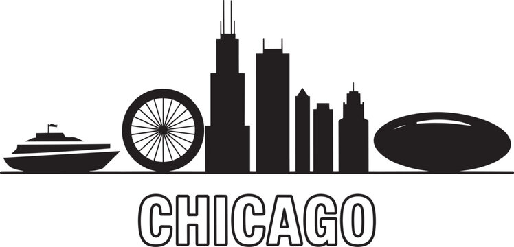 Chicago skyline silhouette black vector illustration with willis tower and navy pier ferris wheel
