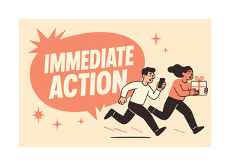 Immediate Action Banner. Immediate Action banner, flat vector illustration, bold oversized text inside rounded blob banner, cartoon characters running fast,