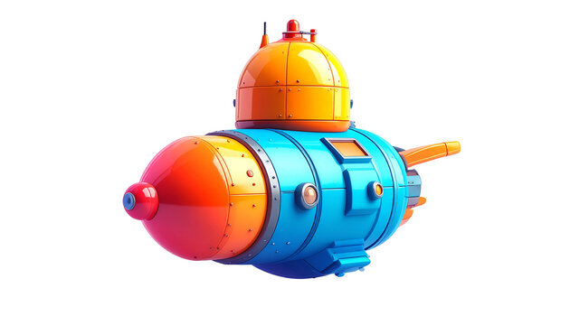 A cartoon-style submarine, brightly colored, set against a black backdrop