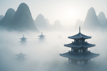 Traditional Asian pagodas in serene misty mountain landscape with soft light and tranquil atmosphere in a peaceful morning background. Ai generative