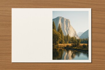 Blank postcard mockup with nature landscape photo of mountain and forest reflected in calm river placed on wooden background surface. Ai generative