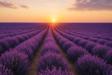 Sunset over endless rows of blooming lavender under a vibrant sky in a peaceful countryside nature scene with golden light and soft clouds background. Ai generative