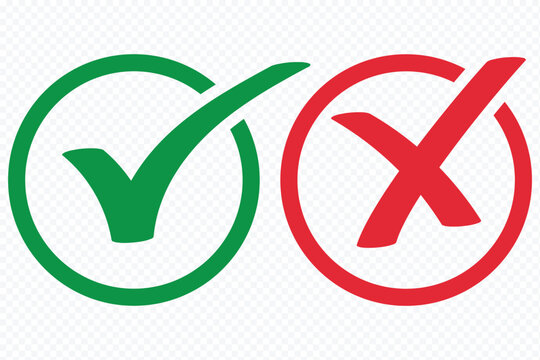 Approval and Rejection Icons showing Green Tick and Red Cross Marks inside Circles. Check mark icons. green check mark and red cross mark icon set. green tick and red x Symbols of approval and Decline