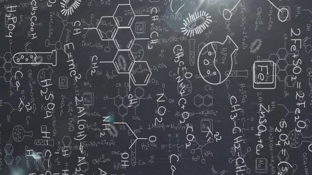 After startup camera panning chalk formulas shifting and molecules rotating illustrating chemistry