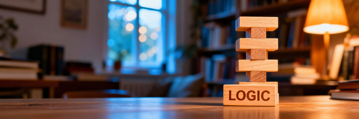 Wooden block tower with the word Logic on a desk in a cozy library. Panoramic background with warm lamp and cool window light. Concept of reasoning and strategy with copy space