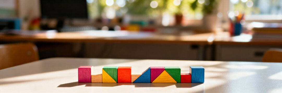 Colorful wooden geometric blocks arranged on a table in a sunny classroom. Educational toys with strong shadows for logic and learning concept. Panoramic banner with copy space