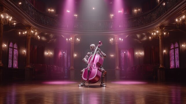 Musical Reverie: Captivating view of a cello performance in a grand concert hall with an ethereal glow, invoking a sense of serenity.
