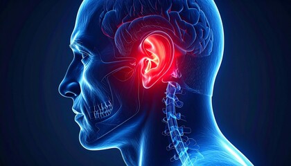 Digital illustration of a human head and upper neck in profile view, highlighting the brain and glowing inner ear.