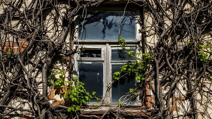 Nature’s Embrace. A weathered wooden window framed by thick, tangled vines as nature slowly reclaims an old stone building.