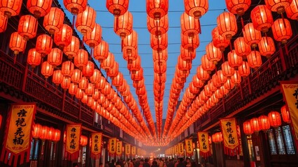 A vibrant street scene adorned with countless red Chinese lanterns illuminating the night, with traditional architecture and people below.