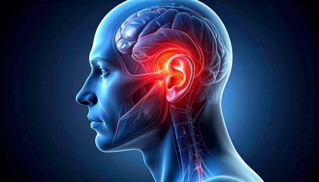 Digital illustration of a human head and upper neck in profile view, highlighting the brain and glowing inner ear.