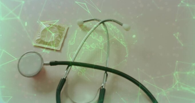 hologram fading, pulsing nodes around stethoscope and condom, rotating globe showing health network