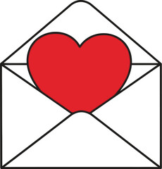 Simple line art graphic showing a white open envelope revealing a bright red heart symbol inside against a pale blue background symbolizing love and affection.