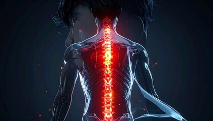 Digital illustration of a translucent human upper back highlighting the spine in red and orange tones on a blue body.
