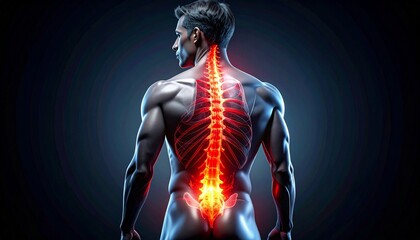 Digital illustration of a translucent human upper back highlighting the spine in red and orange tones on a blue body.