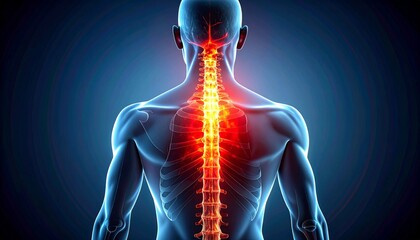 Digital illustration of a translucent human upper back highlighting the spine in red and orange tones on a blue body.