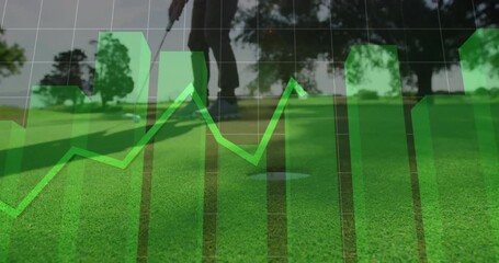 Golf tech showing chart animating over putting leading golfer stroking and guiding ball into cup - Powered by Adobe