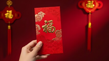 A hand holds a vibrant red envelope with golden "Fu" character and cloud patterns, set against a festive red background with traditional Chinese New Year decorations.