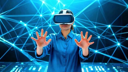 Young woman wearing a virtual reality headset actively interacts with digital elements, exploring advanced immersive technology and cyberspace simulations for future innovation.