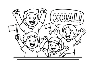 Fototapeta premium Cheering Fans Coloring Page. Fans cheering children?s coloring book illustration, outlined drawing, friendly spectators waving simple flags as the team scores,