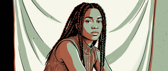 Strong and serene young woman with long box braids in a stylish portrait illustration, featuring bold lines, halftone shading, and a modern, minimalist color palette