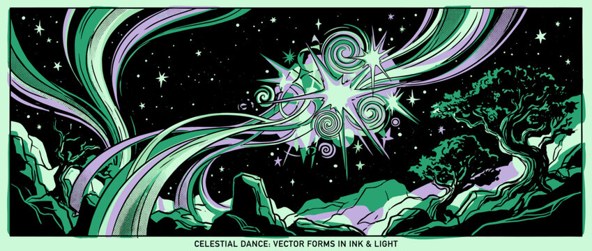 Vibrant cosmic explosion with swirling lights illuminates a mystical night sky over a silhouetted landscape with ancient trees in a graphic comic book art style