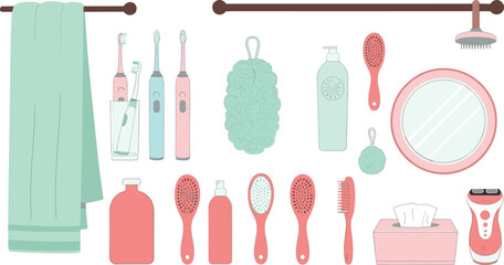 Bathroom accessories vector set with hygiene and personal care items towels brushes bottles and mirror isolated
