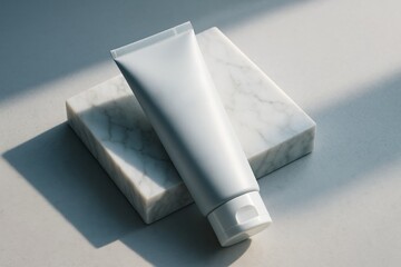 Blank cosmetic tube mockup lying on marble block with soft light and shadow play, ideal for branding and product presentation layout concepts. Ai generative