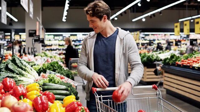 A smiling young man in a supermarkets produce section holds a red bell pepper with a shopping cart nearby and abundant fresh vegetables and fruits displayed - Powered by Adobe