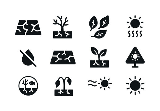 Environmental Stress Icons. Environmental stress. Solid icon set of Environmental stress: dry ground, drought tree, dead leaves, heatwave, no water icon,