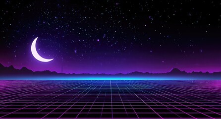 Neon crescent moon landscape under starry night sky with retro grid