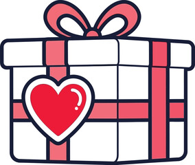Adorable cartoon gift box illustration wrapped in light blue paper with red ribbon and a prominent heart symbol perfect for celebrations and affection