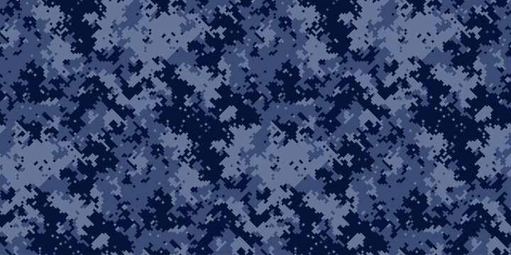 Abstract digital camouflage pattern in navy blue and lighter shades.