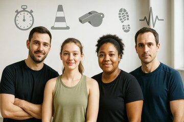 Group of diverse fitness trainers posing indoors with health and training icons above them on a light background, smiling and confident. Ai generative
