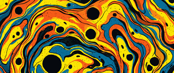 Vibrant abstract liquid marble pattern with yellow, orange, and blue flowing lines, black outlines, and halftone dot textures in a dynamic, retro comic book art style