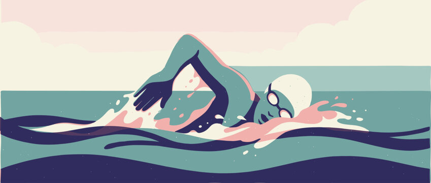 Stylized illustration of a swimmer doing the freestyle stroke in calm water with a pastel color palette, showing determination and athletic movement in a flat design style